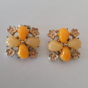 Vintage Thermoset Lucite Enamel Floral Earrings Orange Yellow